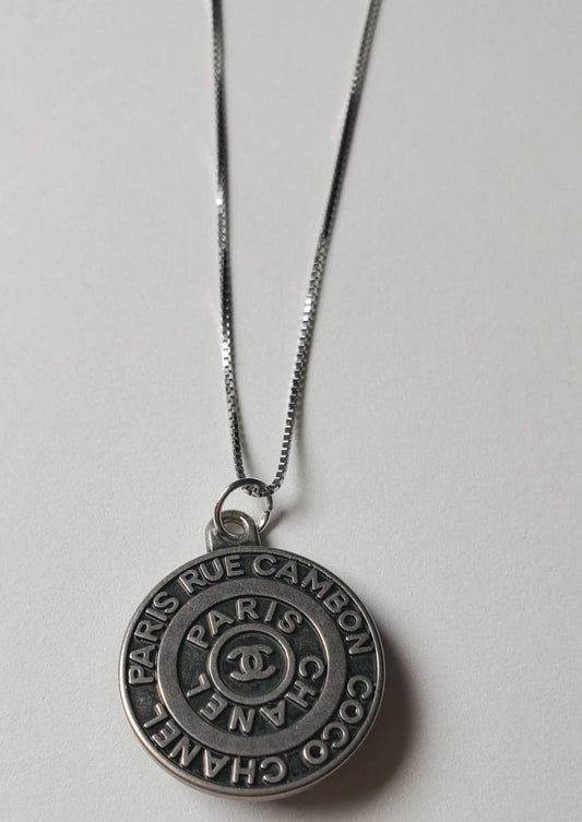 Chanel Paris Gunmetal Coin Necklace